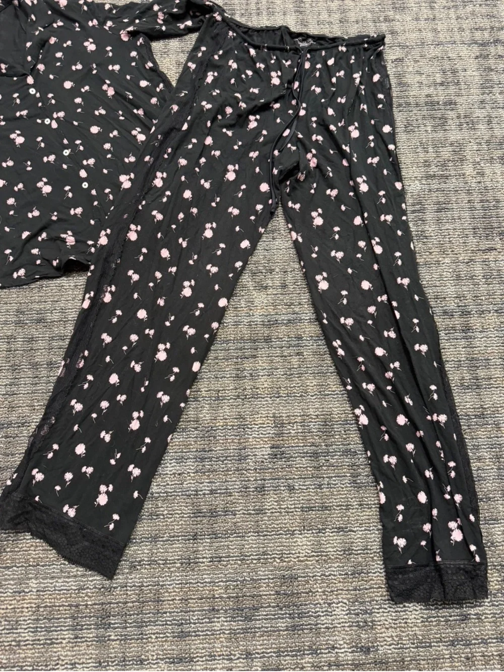 Victoria's Secret Black & Pink Floral Pajama Set - Super Soft with Lace Trim -M